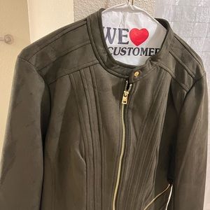 Large olive green suede Andrew Marc New York zippered jacket.